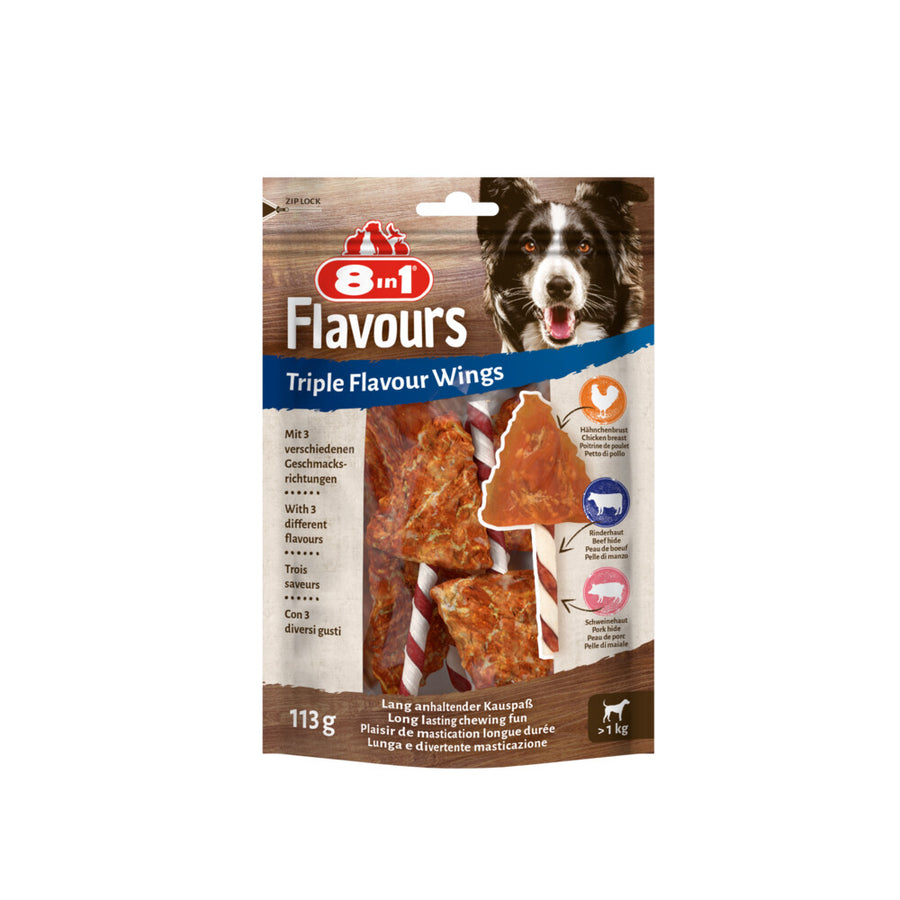 8in1 - Delights Wings Triple Flavour - Hondensnacks - Kip Varken Rund 6 stuks