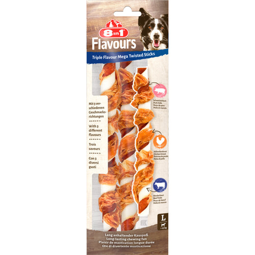 8in1 - Delights Twisted Sticks Triple Flavour - Hondensnacks - Kip Varken Rund 10 stuks