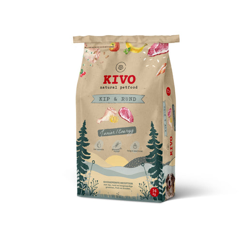 Kivo - Petfood Hondenbrokken Kip & Rund - Junior/Energy - 4kg Koudgeperst Glutenvrij