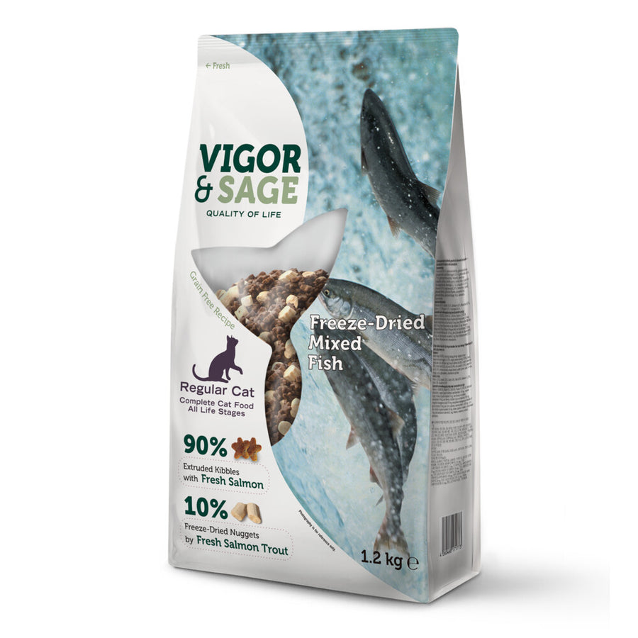 Vigor&Sage - Vigor & Sage Hondenvoer Droog Adult Regular Freeze - Dried Mixed Fish - 1,2kg