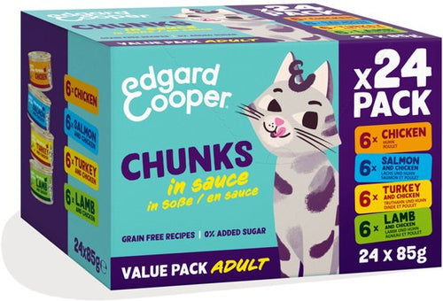 Edgard & Cooper - Adult Chunks Kattenvoer Nat Kip & Zalm & Kalkoen & Lam - 24 x 85g
