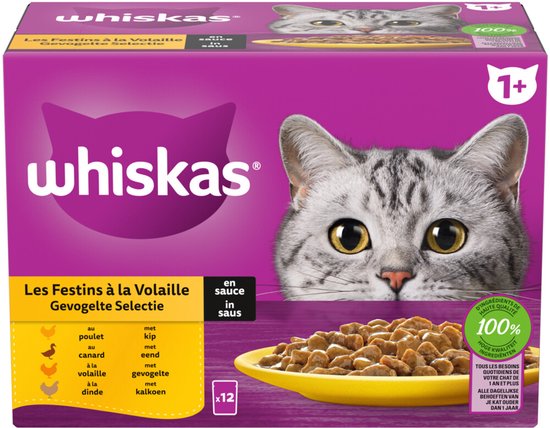 Whiskas - Kattenvoer Nat Pouch 1+ Adult Saus Gevogelte Selectie - 12 x 85g
