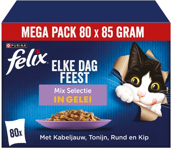 Felix - Elke Dag Feest mixed Selectie - Kattenvoer Natvoer - Kabeljauw, Zalm, Rund & Kip - 80 x 85g