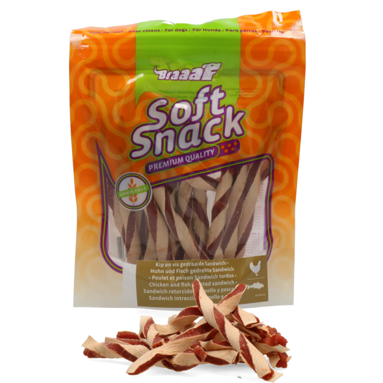 Braaaf – Gedrehtes Sandwich mit Hähnchen und Fisch – Hundesnack – 85 g